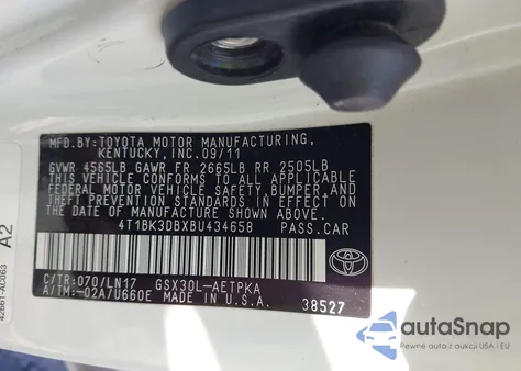 2011 Toyota Avalon Limited z USA, uszkodzony, nr VIN 4T1BK3DBXBU434658